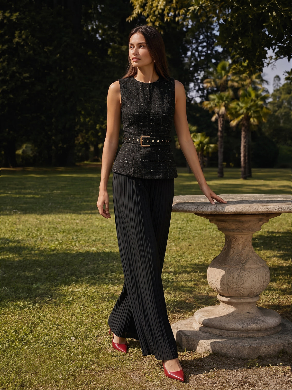 Belted Tweed Vest & Pleated Pants Set
