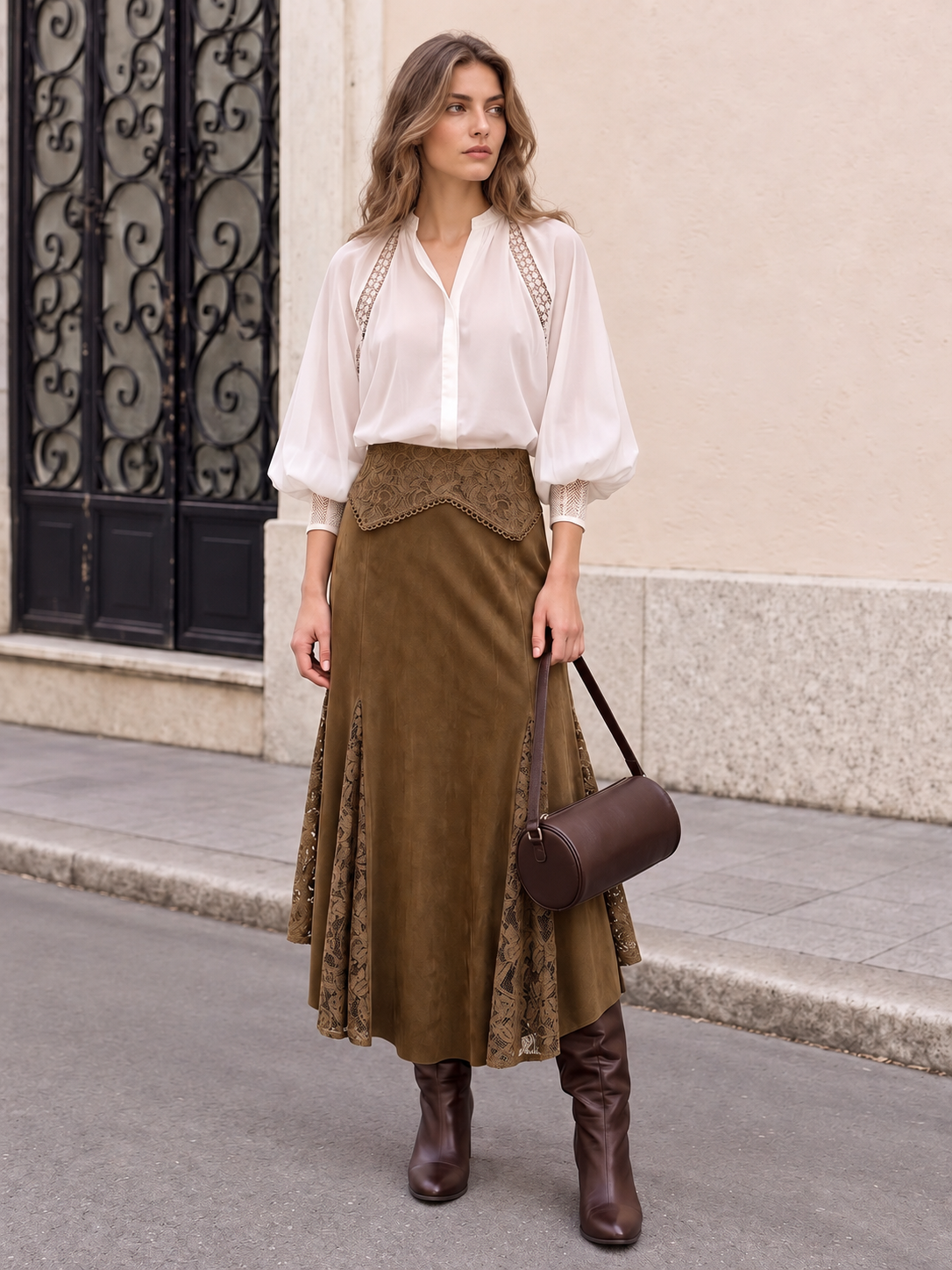 Faux Suede Lace Panel Mermaid Midi Skirt