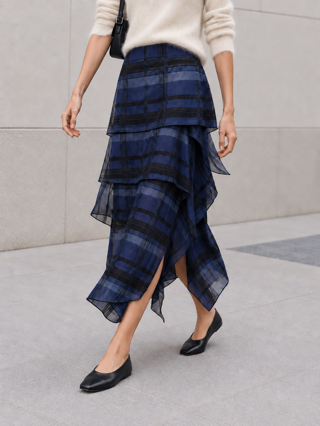 Plaid Tiered Asymmetrical Midi Skirt