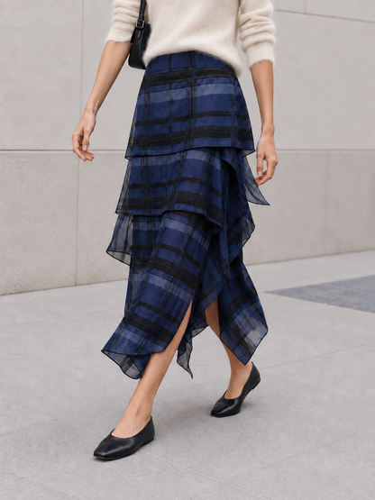 Plaid Tiered Asymmetrical Midi Skirt