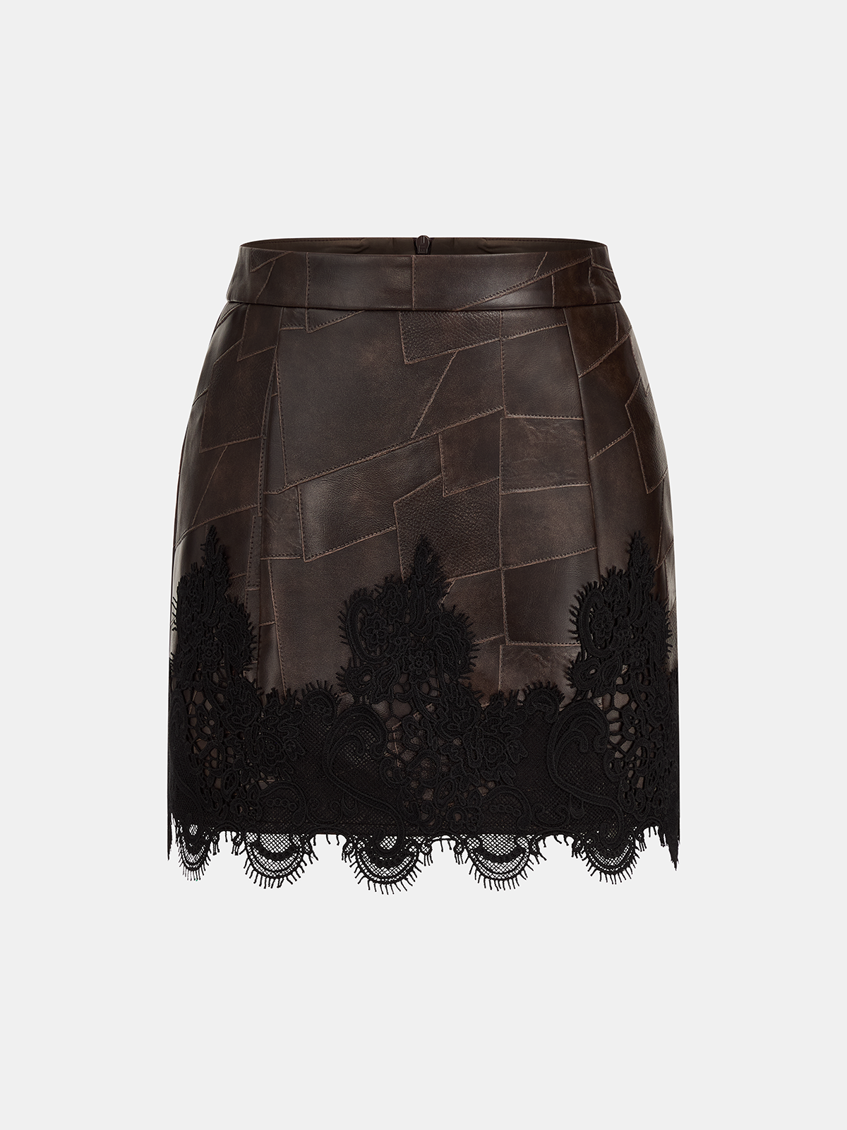 Patchwork Faux Leather Lace Hem Mini Skirt