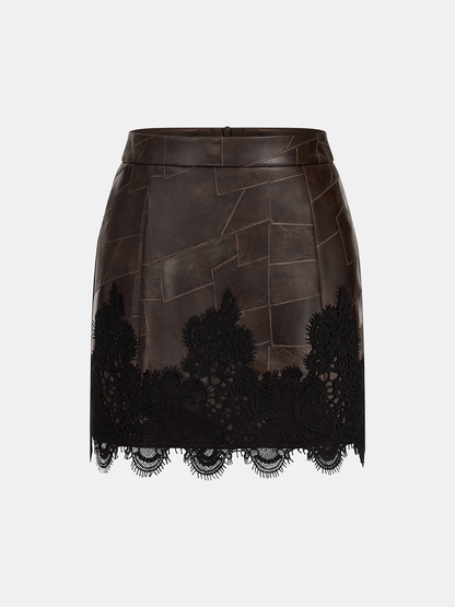Patchwork Faux Leather Lace Hem Mini Skirt