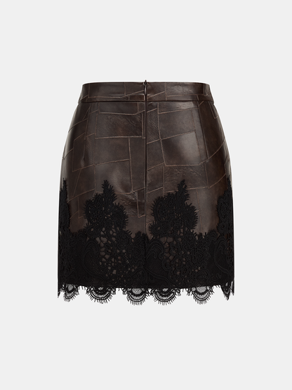 Patchwork Faux Leather Lace Hem Mini Skirt