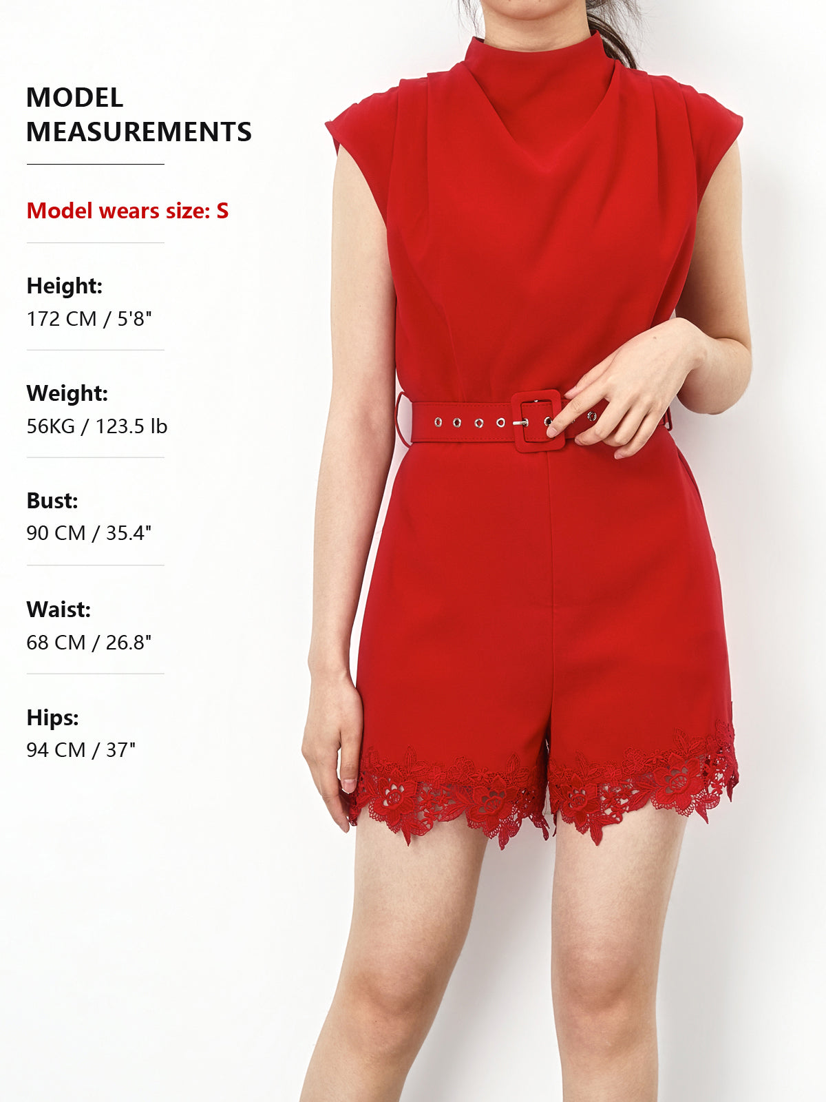 Belted Sleeveless Lace Hem Romper