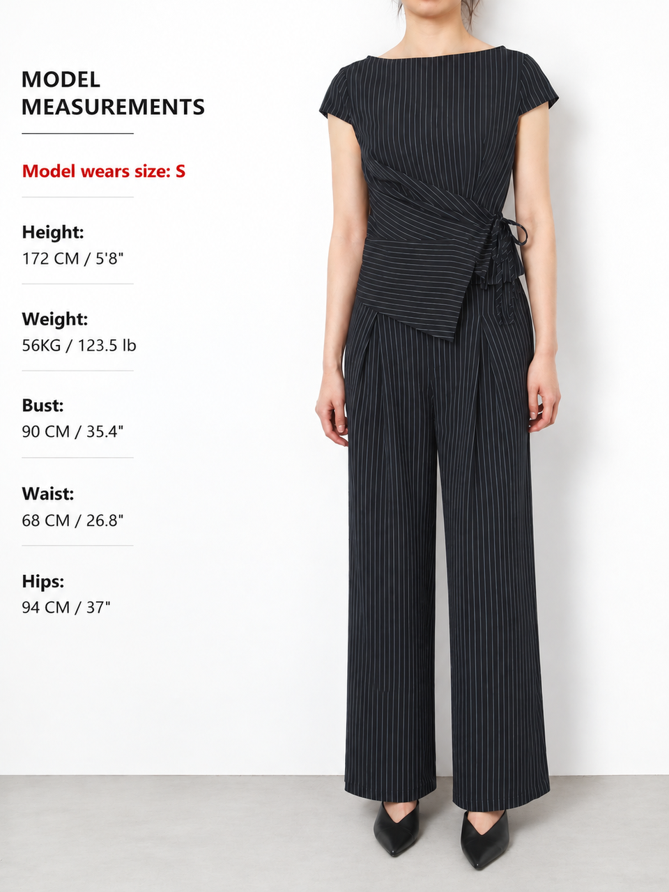 Pinstripe Wrap Tie Top & Wide-Leg Pants Set