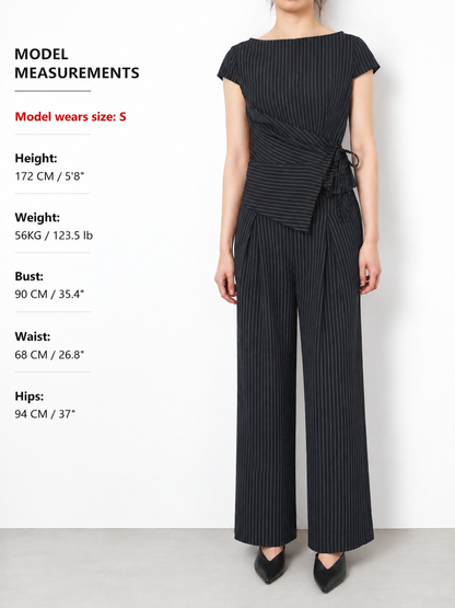 Pinstripe Wrap Tie Top & Wide-Leg Pants Set