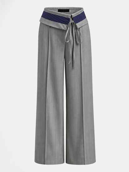 Fold Over Waist Pinstripe Wide Leg Pants