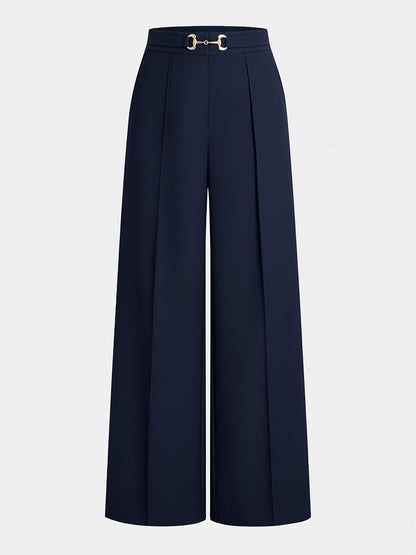Metal Buckle Mid Waist Straight Leg Pants