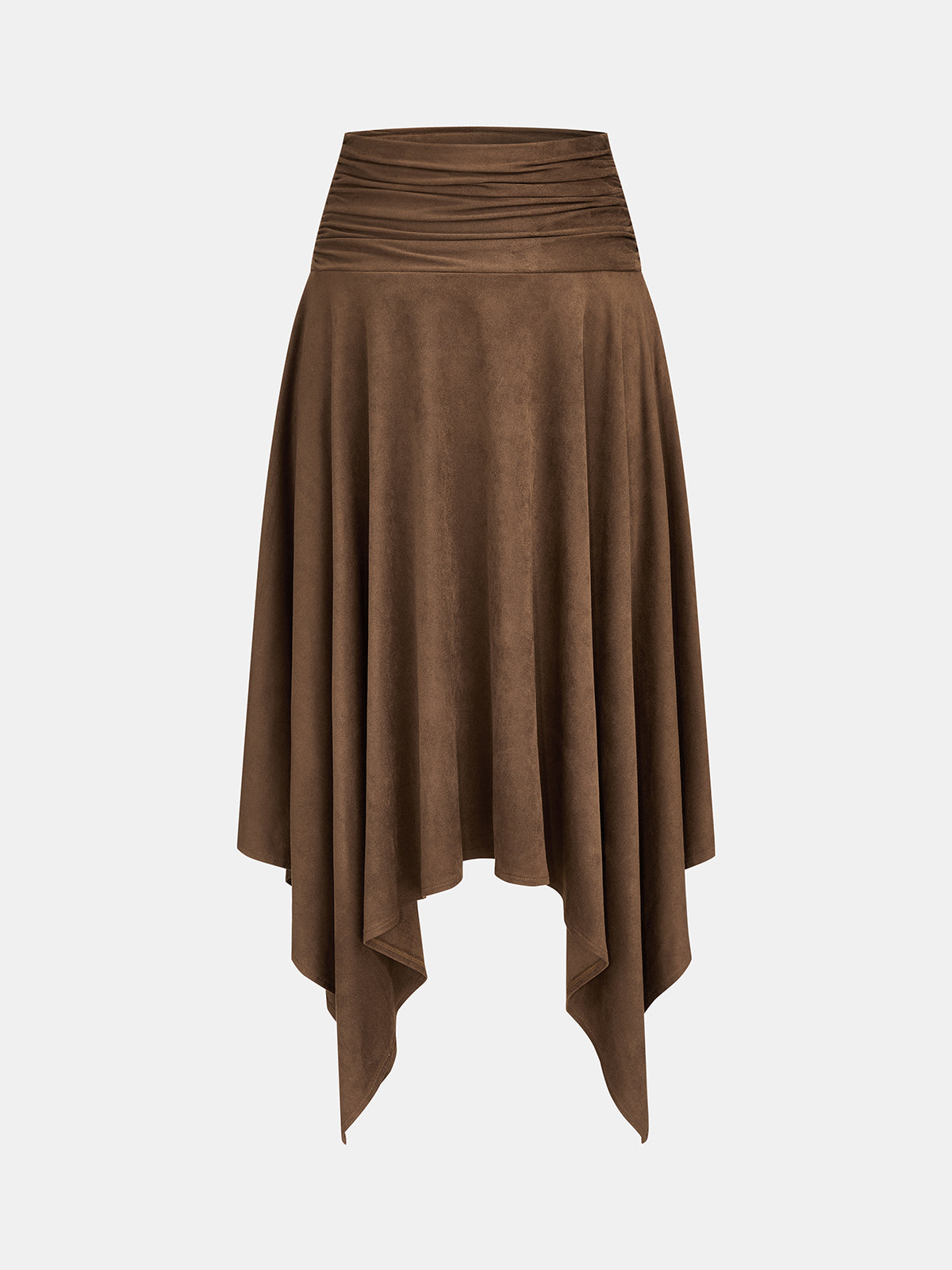 Faux Suede Ruched Asymmetrical Midi Skirt