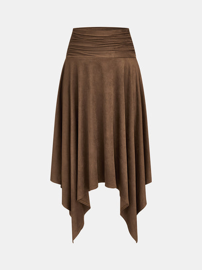 Faux Suede Ruched Asymmetrical Midi Skirt