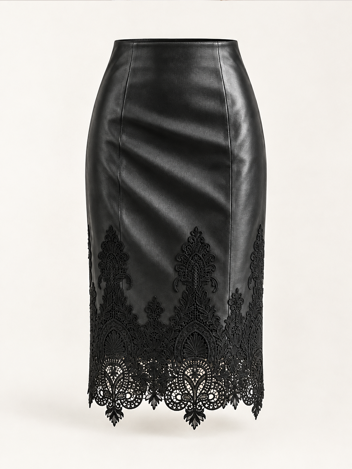 Lace Hem Faux Leather Midi Skirt