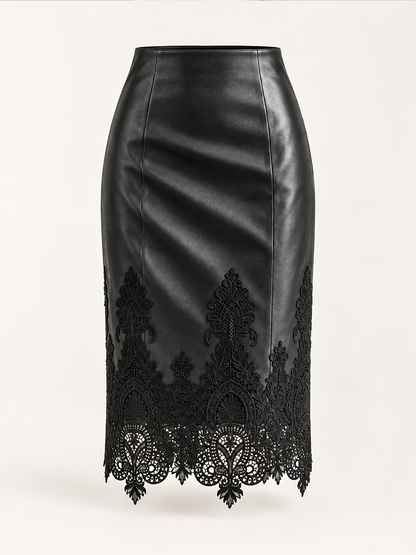 Lace Hem Faux Leather Midi Skirt