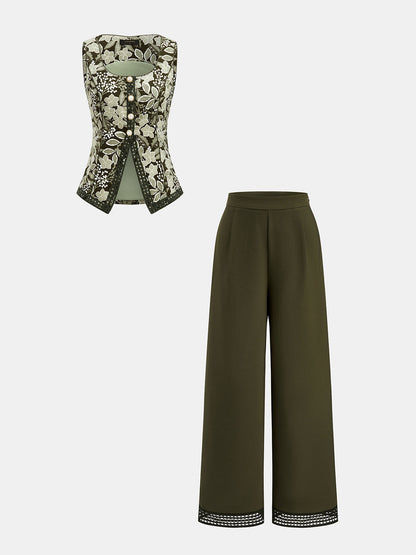 Lace Trim Floral Vest & Pants Set