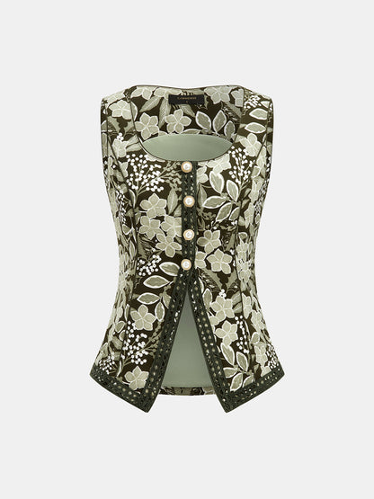 Lace Trim Floral Vest & Pants Set