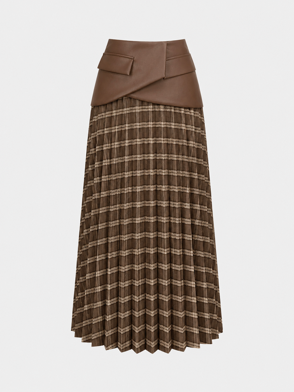Faux Leather Waist Plaid Pleated Midi Skirt
