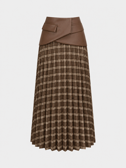 Faux Leather Waist Plaid Pleated Midi Skirt