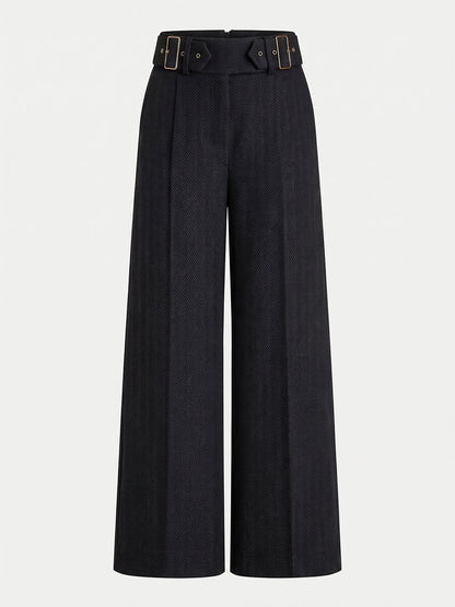 Herringbone Double Buckle Wide Pants