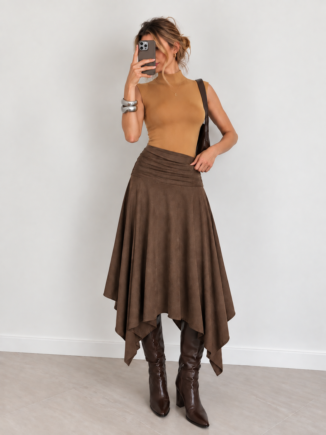Faux Suede Ruched Asymmetrical Midi Skirt
