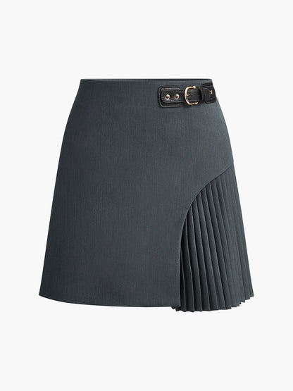 Side Pleated Buckle Belted Skirt