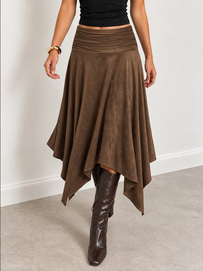 Faux Suede Ruched Asymmetrical Midi Skirt