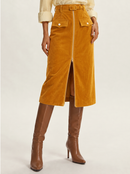 Front Zip Corduroy Belted Midi Skirt