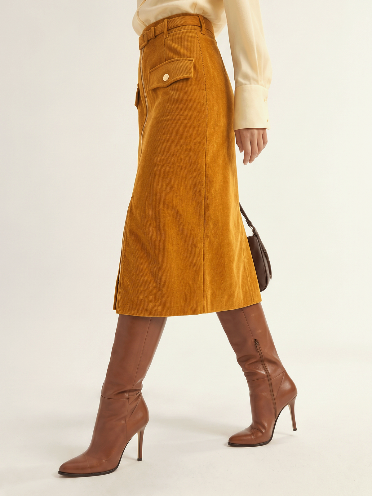 Front Zip Corduroy Belted Midi Skirt
