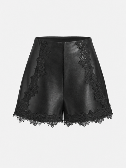 Lace Trim Faux Leather Shorts