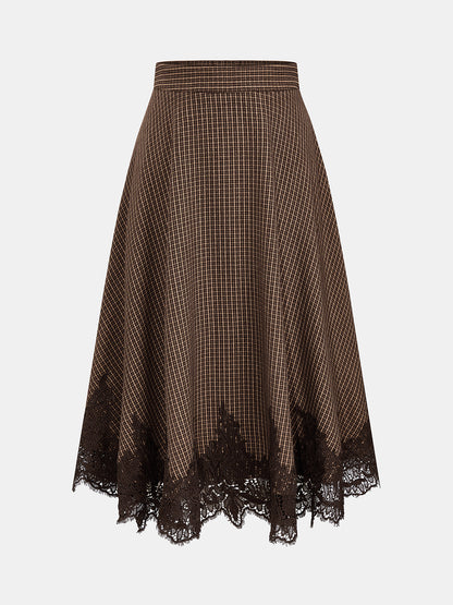 Plaid Lace Trim Midi Skirt