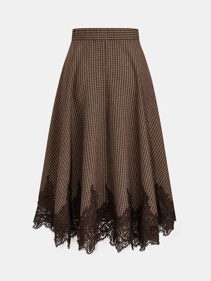 Plaid Lace Trim Midi Skirt