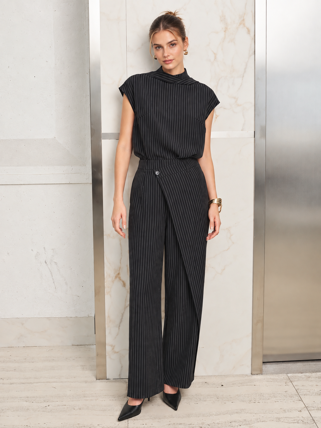 Folded Collar Pinstripe Top Wrap Pants Set