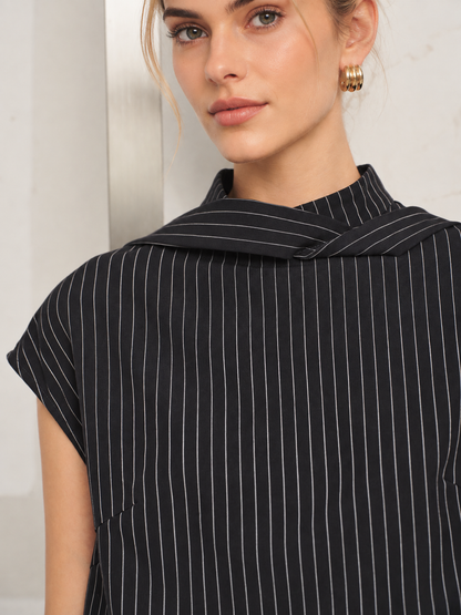 Folded Collar Pinstripe Top Wrap Pants Set