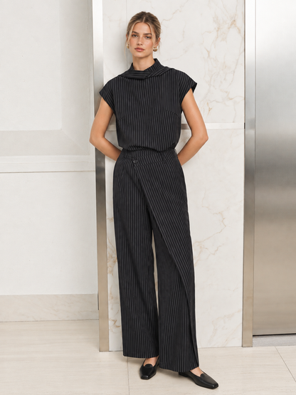 Folded Collar Pinstripe Top Wrap Pants Set