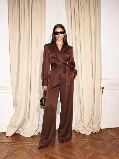 Satin Wrap Tie Top & Belted Pants Set