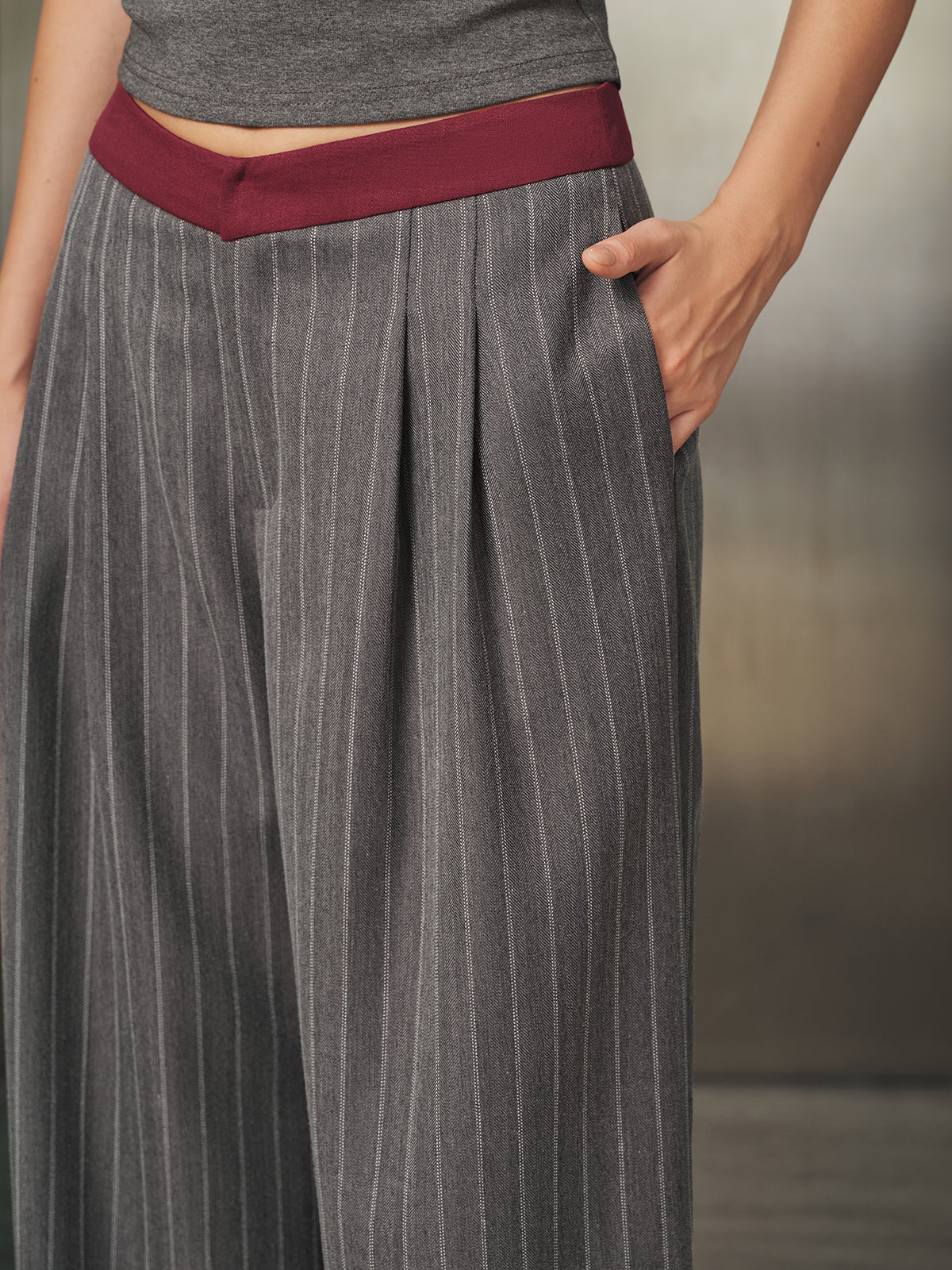 Contrast Waistband Pinstripe Wide‑Leg Pants