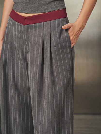 Contrast Waistband Pinstripe Wide‑Leg Pants