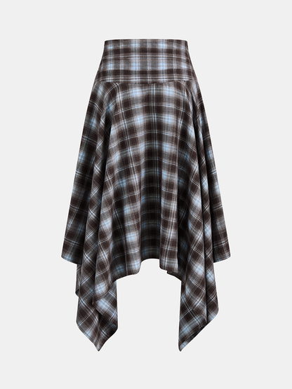 Plaid Asymmetric Handkerchief‑Hem Midi Skirt