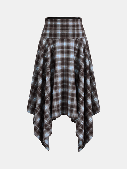 Plaid Asymmetric Handkerchief‑Hem Midi Skirt