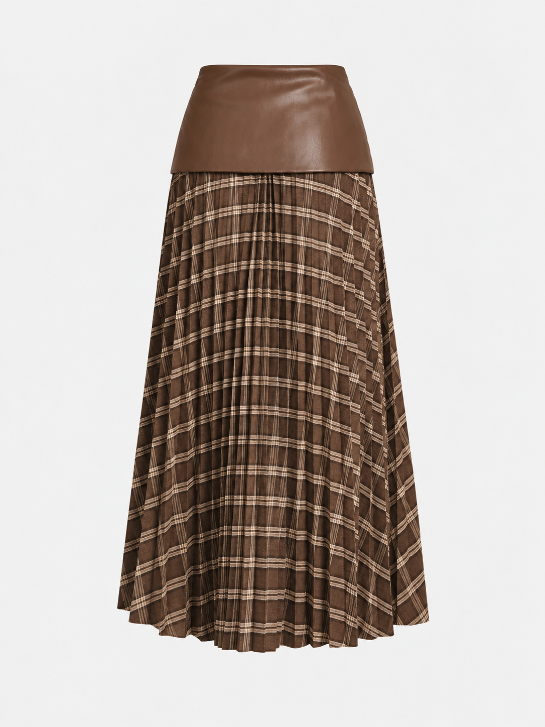 Faux Leather Waist Plaid Pleated Midi Skirt