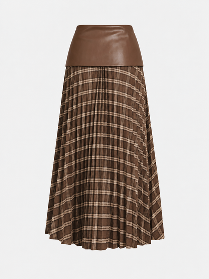 Faux Leather Waist Plaid Pleated Midi Skirt