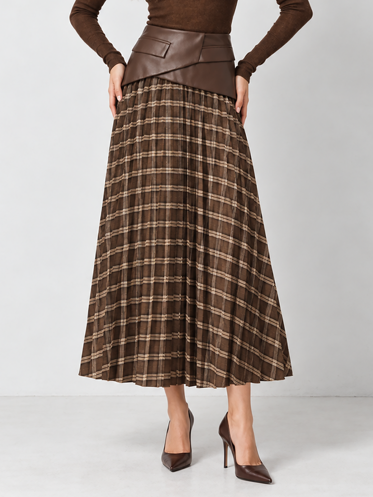 Faux Leather Waist Plaid Pleated Midi Skirt