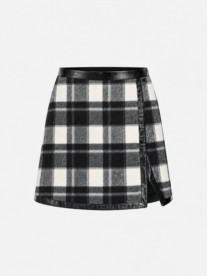 Faux Leather Trim Plaid Mini Skirt