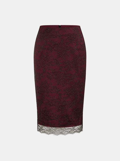 Floral Lace Pencil Midi Skirt