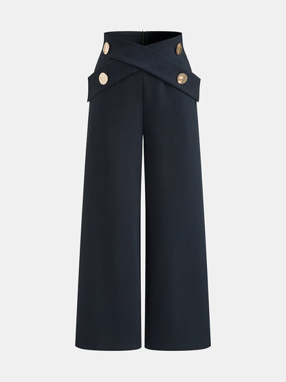 Cross Waist Metal Button Wide Leg Pants