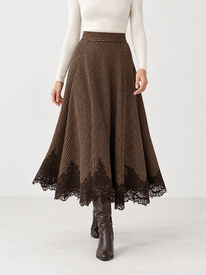 Plaid Lace Trim Midi Skirt