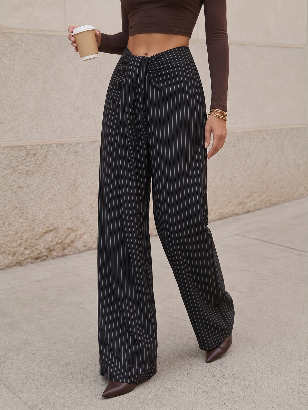 Twisted Waist Pinstripe Wide Leg Pants