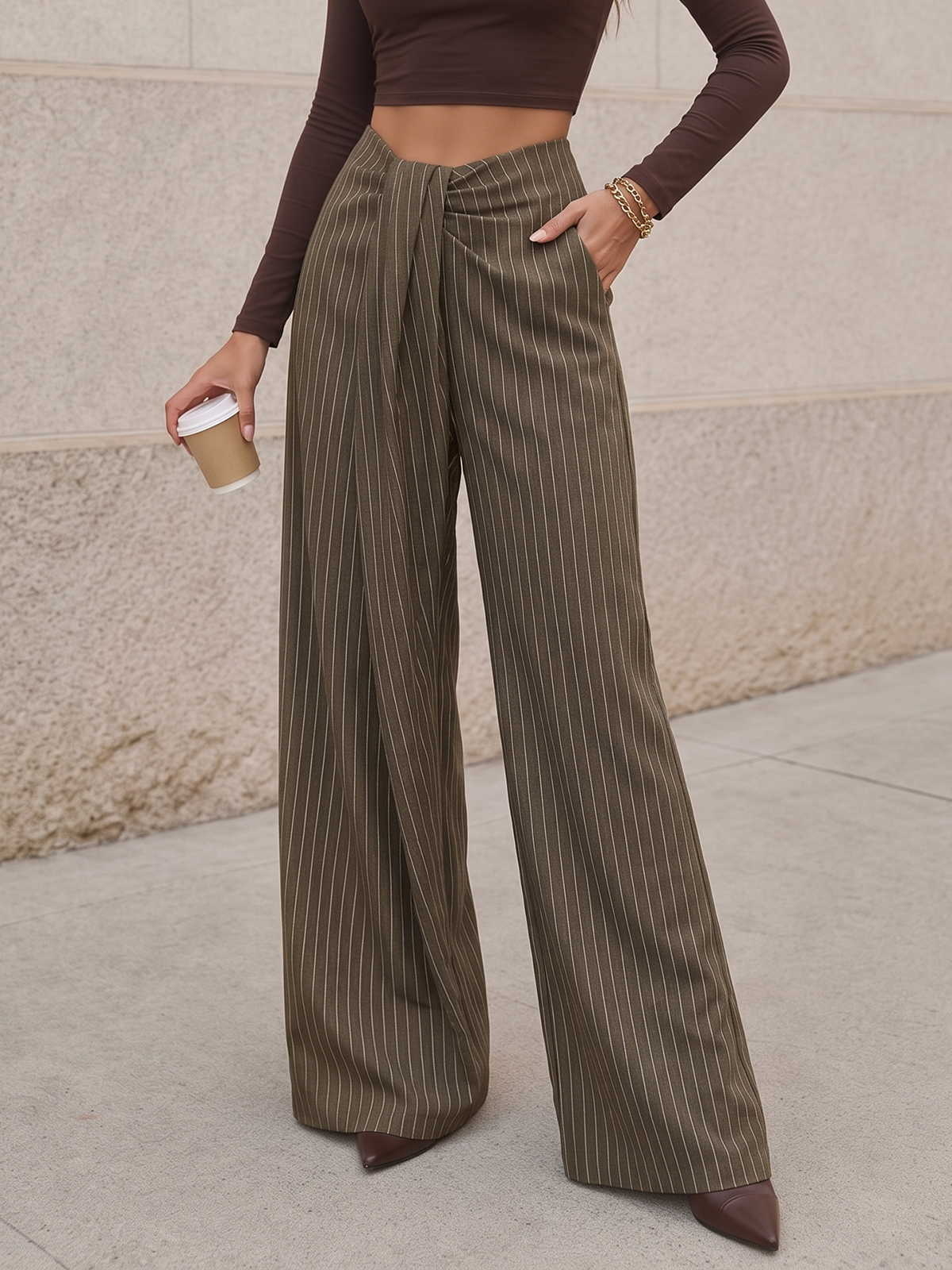 Twisted Waist Pinstripe Wide Leg Pants