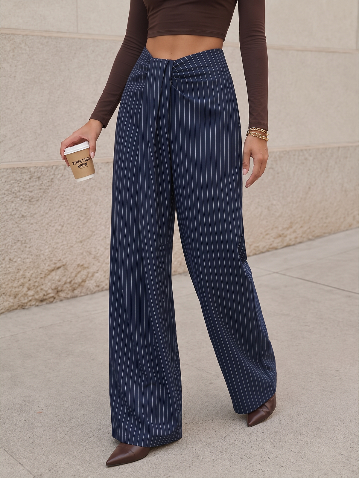 Twisted Waist Pinstripe Wide Leg Pants