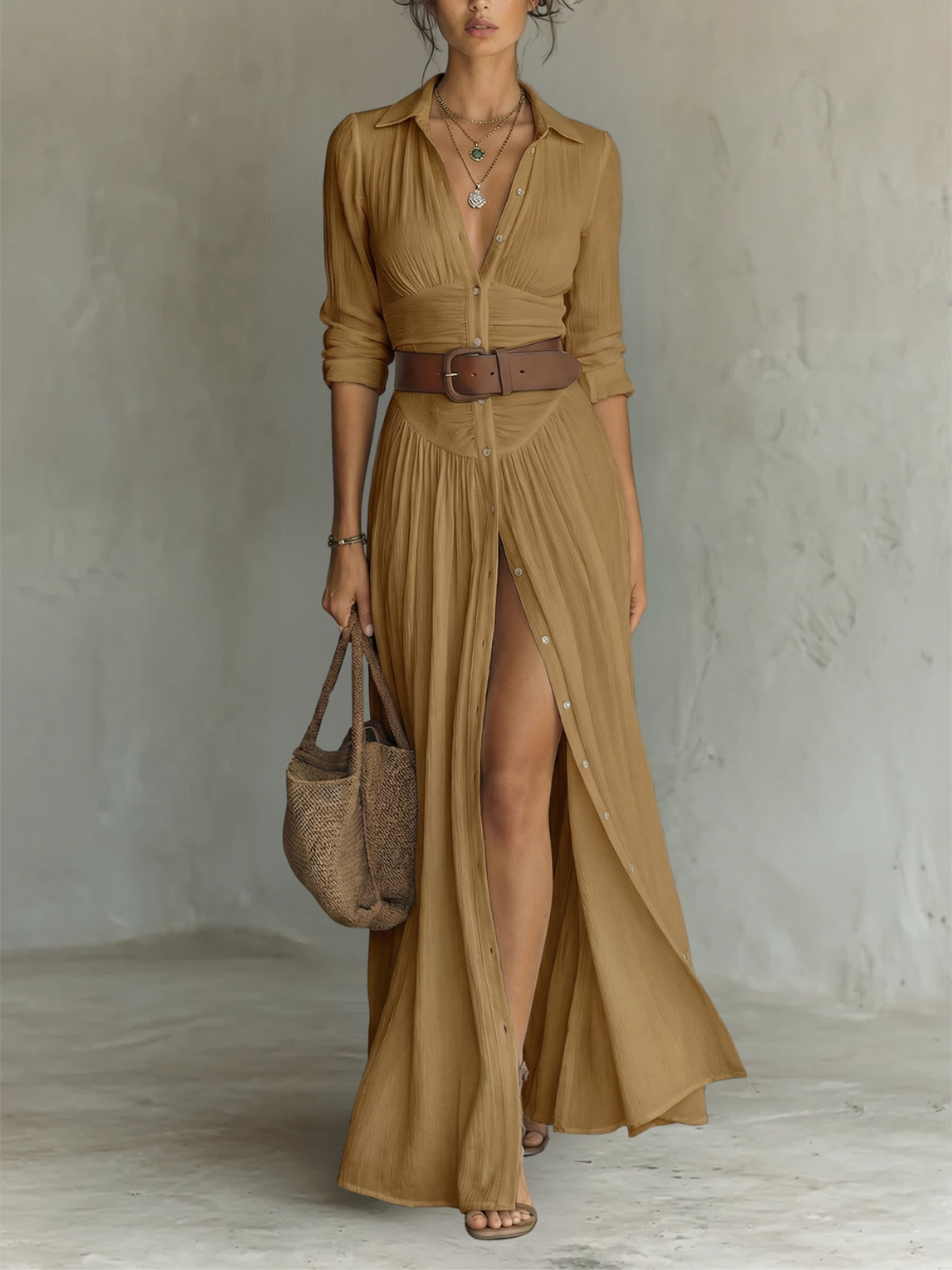 Elowira Linen Lapel Maxi Dress