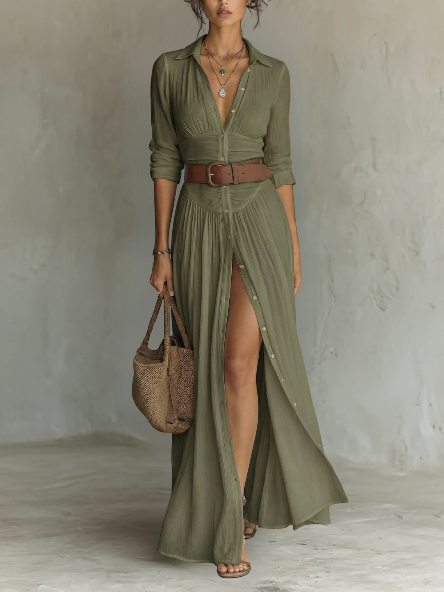 Elowira Linen Lapel Maxi Dress