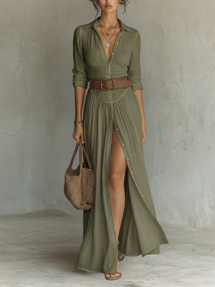 Elowira Linen Lapel Maxi Dress